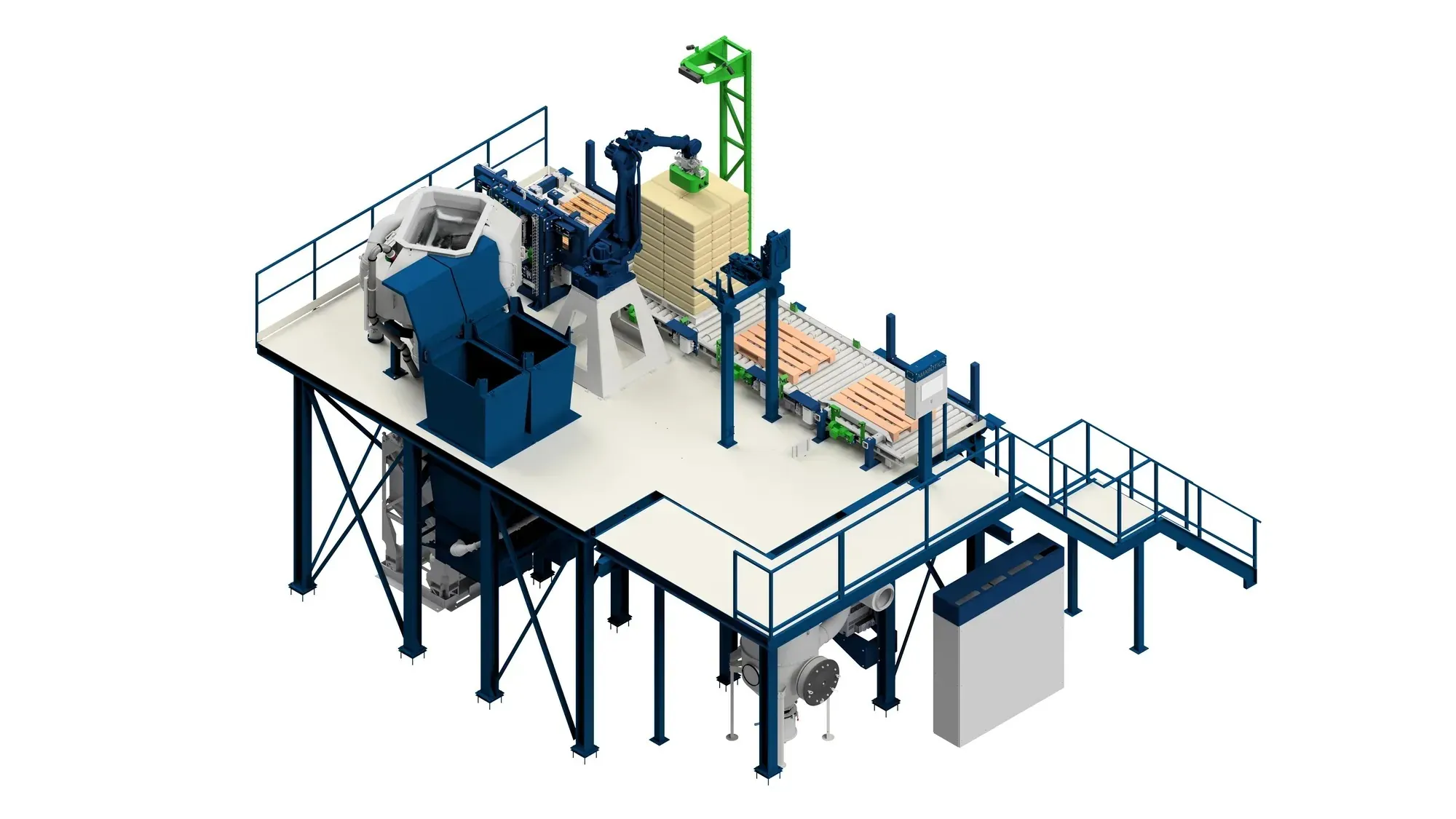 Amabotics ingredient handling platform — isometric render showing the robot, hopper, storage, and feeding stations.